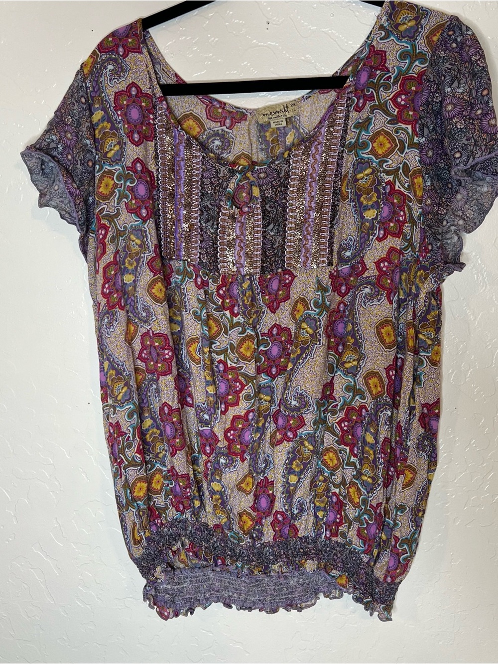 ONE WORLD Bohemian Floral Smocked Hem Short Sleeve Top multi-colored 2X festival